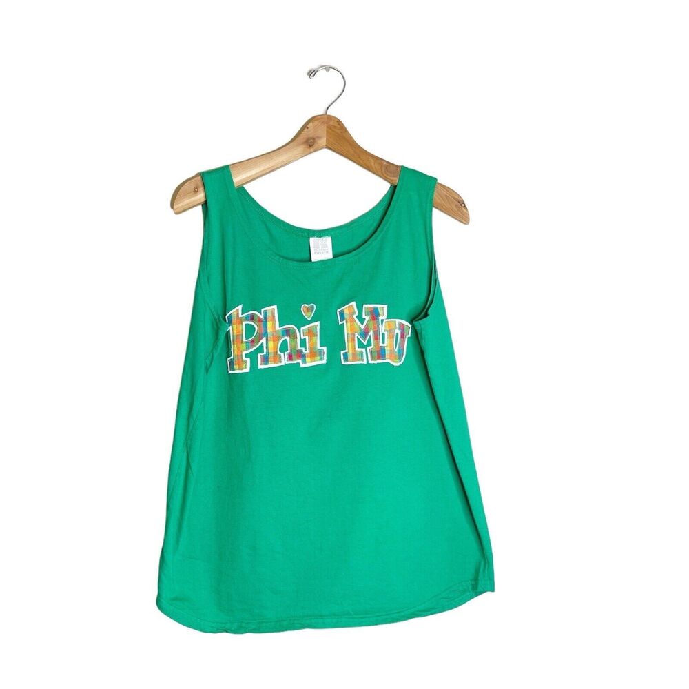 Vintage 90s L Large Phi Mu Tank Top Russell Athletic Embroidered Patch Green